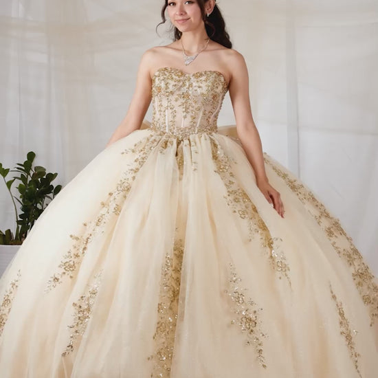 Video of Champagne Quinceañera Dress with Sheer Sweetheart Bodice, Gold Floral Embroidery and Glitter Tulle