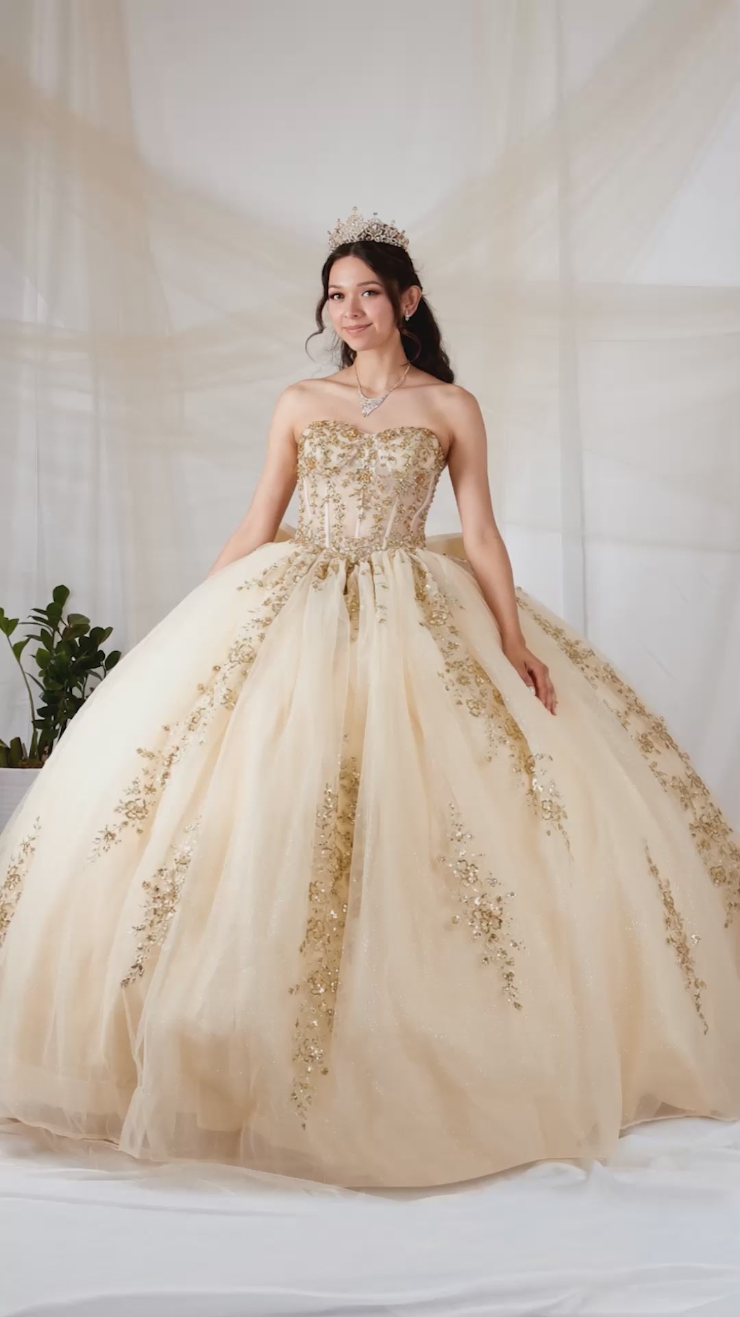 Video of Champagne Quinceañera Dress with Sheer Sweetheart Bodice, Gold Floral Embroidery and Glitter Tulle