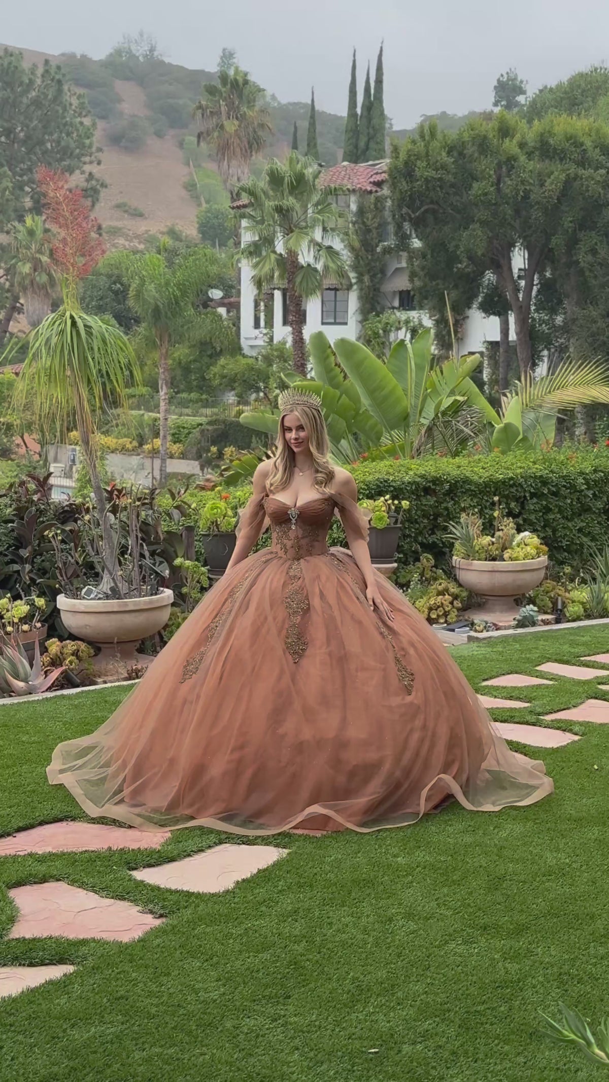 brown quince dress Gold Quinceañera with Lace Glitter Mesh Skirt – American Stride With a capelet that CARMEN Color:Blushing Rose Beaded Fringe Midi