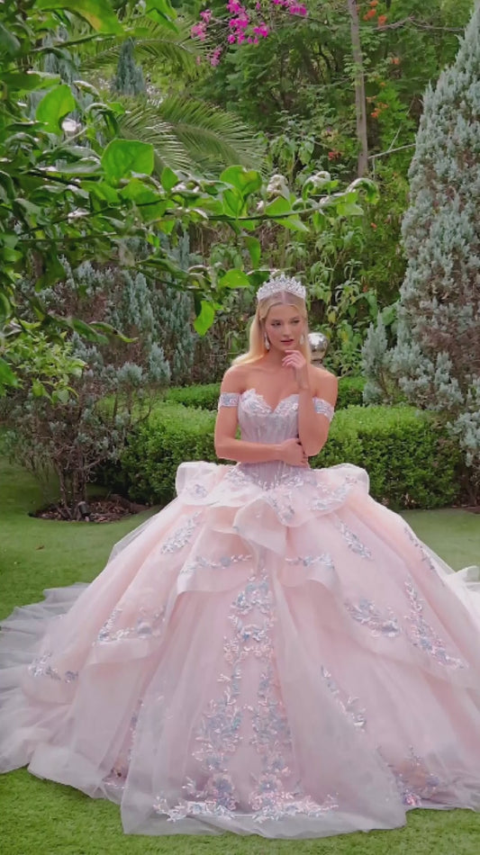 Quinceañera | Blush 3D Flower, Butterfly Appliques and Glitter Long Train Ball Gown | Alessia dress Video