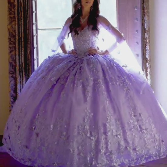 Quinceanera | Lilac 3D Butterfly Glitter Quince dress with Stunning Cape video 2