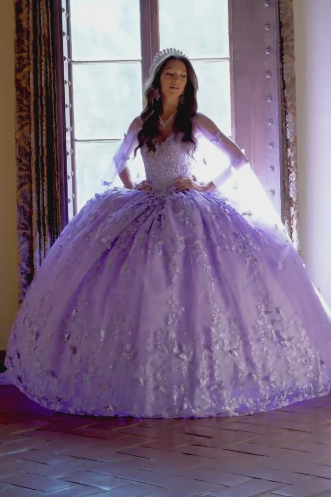 Quinceanera | Lilac 3D Butterfly Glitter Quince dress with Stunning Cape video 2