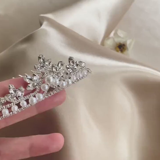 Tiny Flower Girl Pearl and Rhinestone Crystal Tiara Comb video