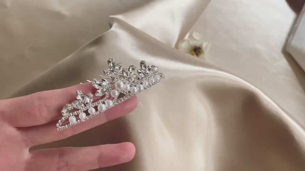 Tiny Flower Girl Pearl and Rhinestone Crystal Tiara Comb video
