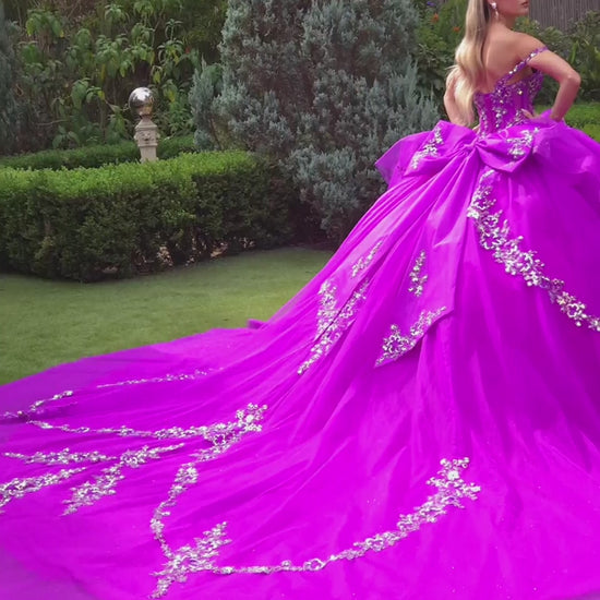 Quinceañera | Layered Ruffle Purple Ball Gown with Detachable Back Bow and Train | Gisselle dress Video