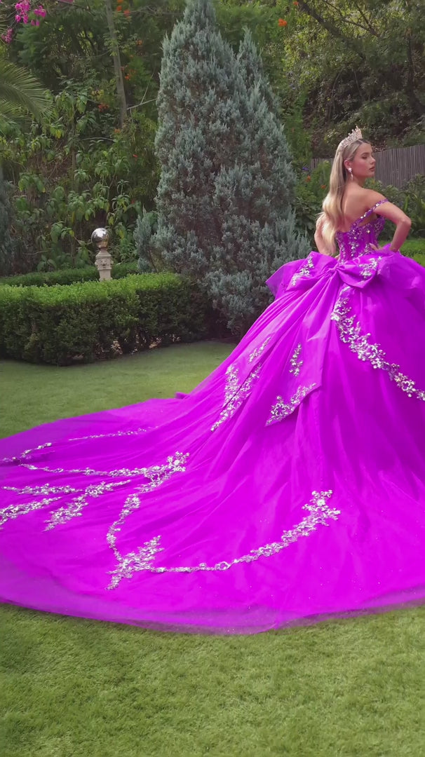 Quinceañera | Layered Ruffle Purple Ball Gown with Detachable Back Bow and Train | Gisselle dress Video