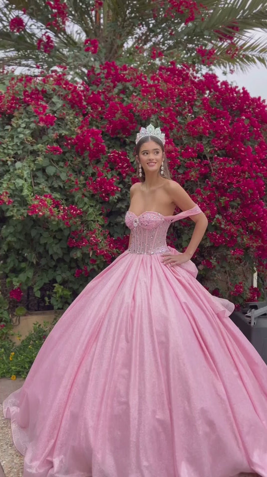 Quinceañera | Pink Bejeweled Corset Bodice, Overskirt, and Detachable Bow Ball Gown | Arlet dress | 2 Colors Available Video