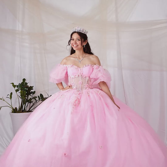 Video of Blush Quinceañera Dress with 3D Flowers, Sheer Bodice and Multi Layered Lace Skirt
