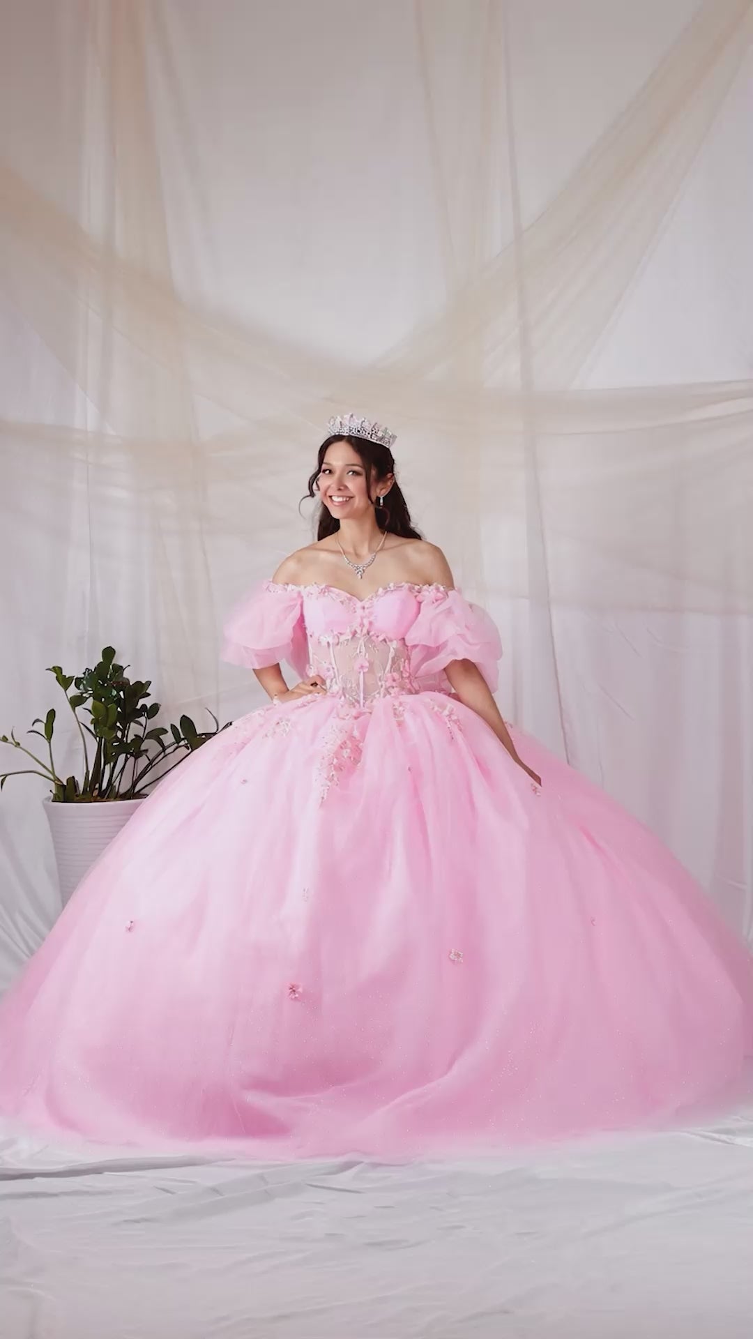 Video of Blush Quinceañera Dress with 3D Flowers, Sheer Bodice and Multi Layered Lace Skirt