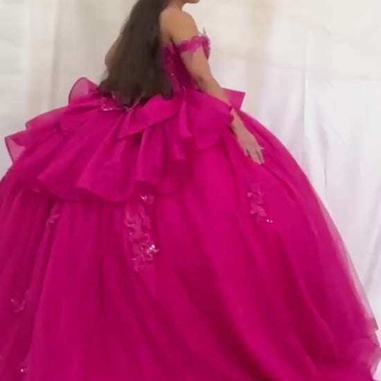 Video of Fuchsia Quinceañera Dress with 3D Butterfly Sleeves, Embroidery Bodice and Glitter Tulle