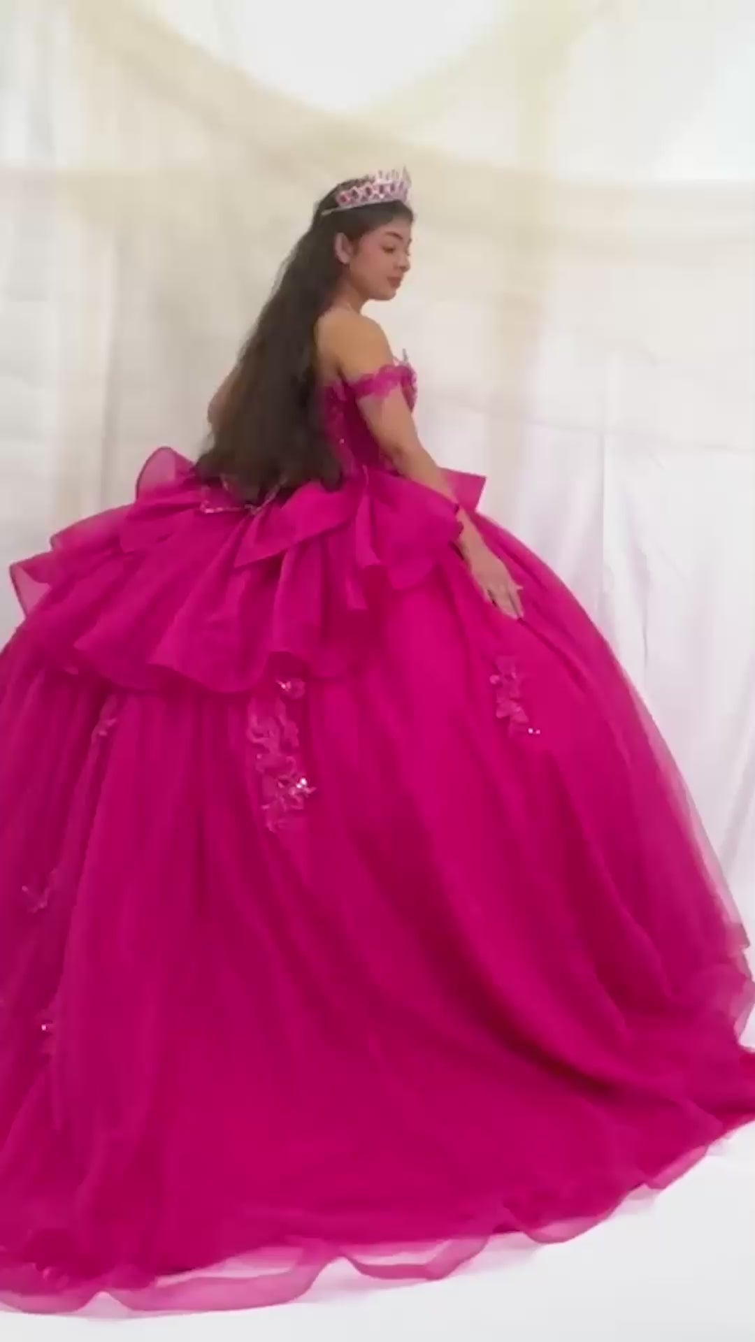 Video of Fuchsia Quinceañera Dress with 3D Butterfly Sleeves, Embroidery Bodice and Glitter Tulle