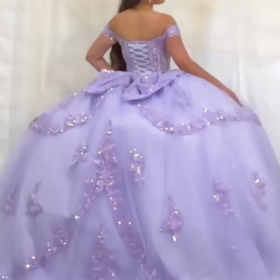 Video of Lilac Quinceañera Dress with Sheer Sweetheart Bodice, Floral Embroidery and Glitter Tulle