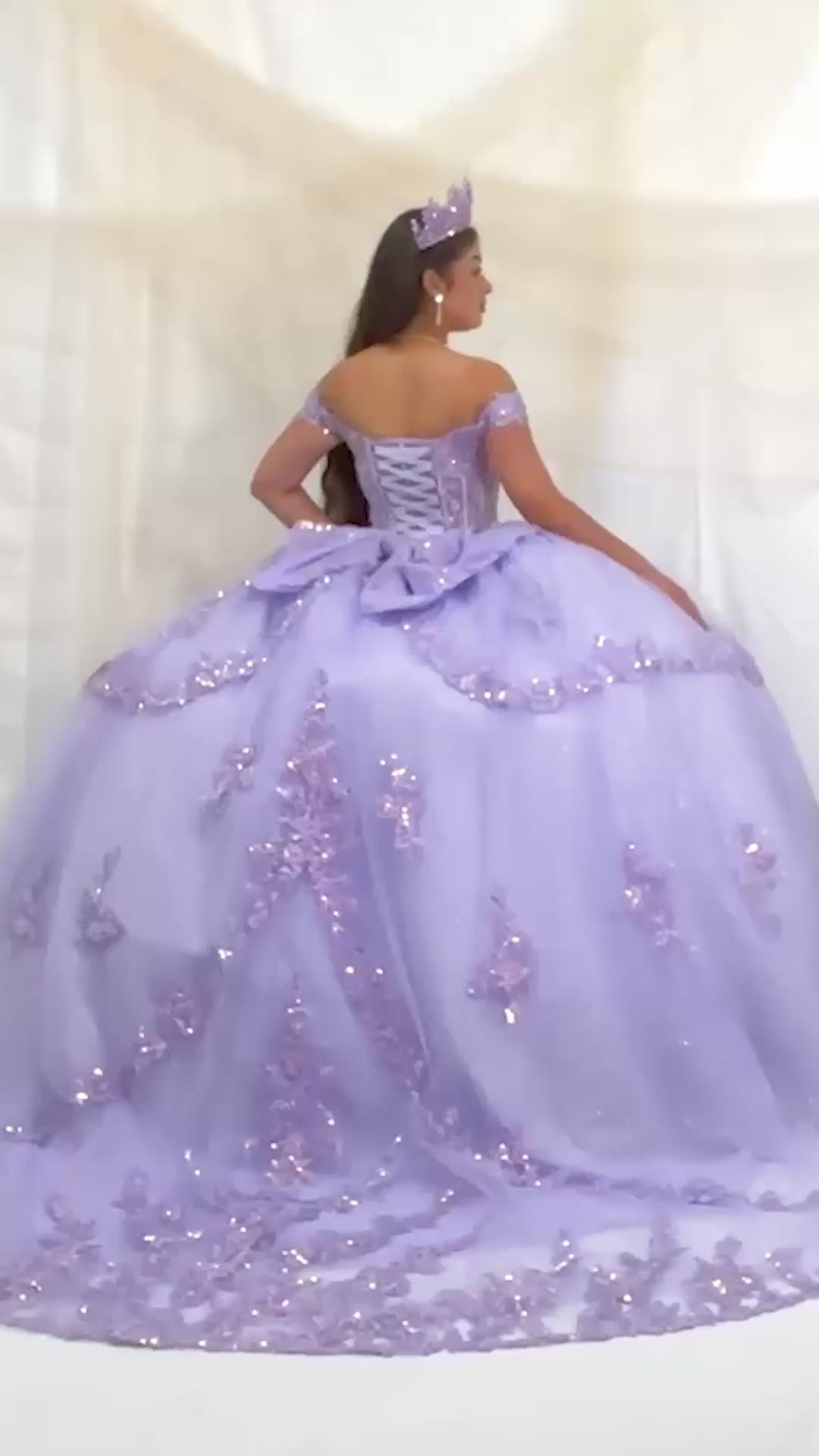 Video of Lilac Quinceañera Dress with Sheer Sweetheart Bodice, Floral Embroidery and Glitter Tulle