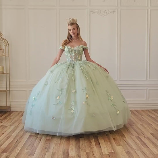 Quinceañera | Sage Off-Shoulder Embossed Tulle Satin Two-Tone Sequin Floral Appliqué Bodice with Detachable Long Sleeves Train Sweet 15 Ball Gown | Roma J dress | 3 Colors Available video