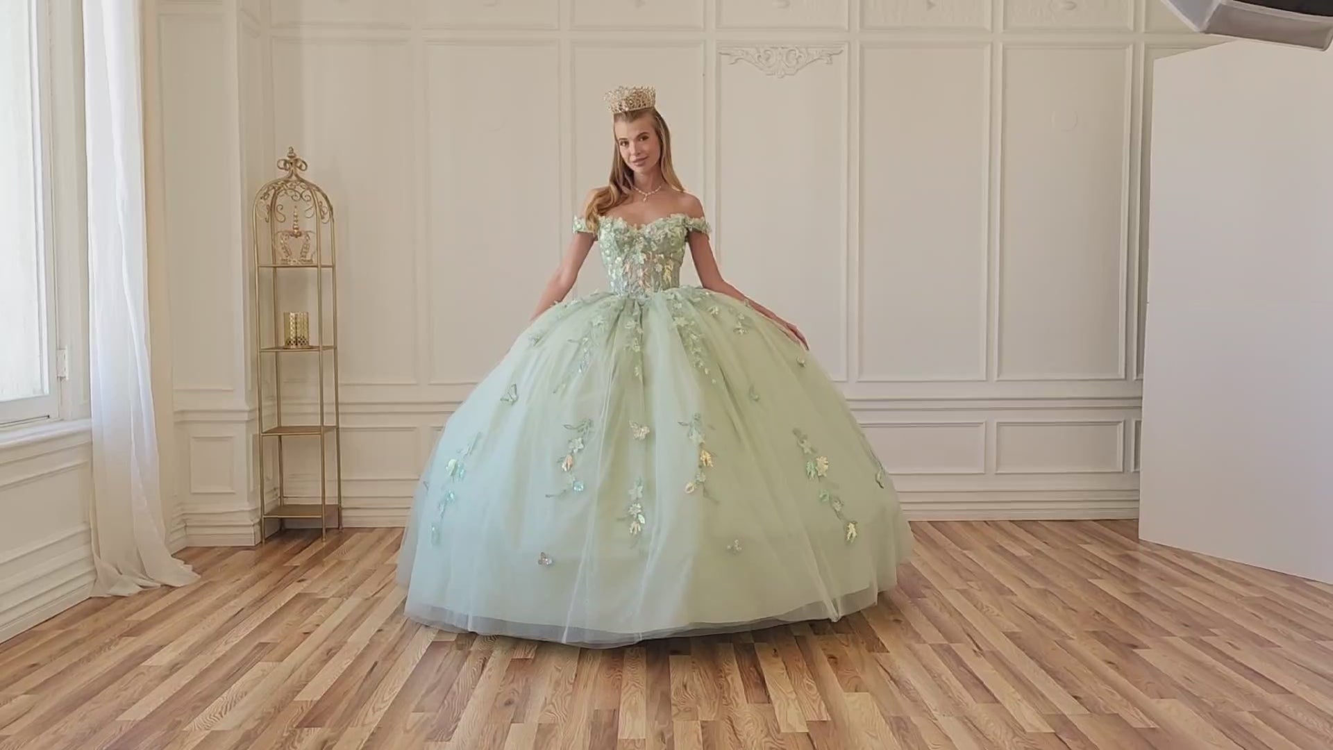 Quinceañera | Sage Off-Shoulder Embossed Tulle Satin Two-Tone Sequin Floral Appliqué Bodice with Detachable Long Sleeves Train Sweet 15 Ball Gown | Roma J dress | 3 Colors Available video