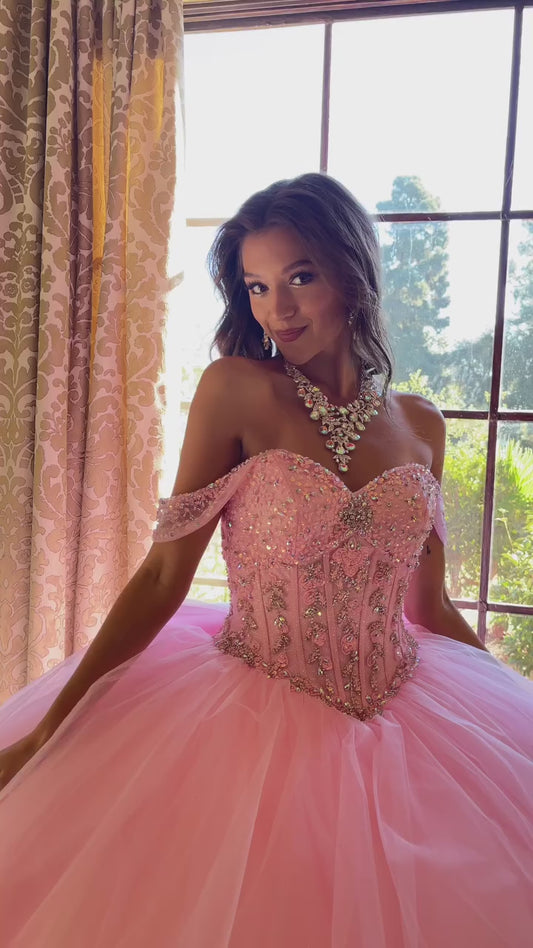 Quinceañera | Pink Glittering Tulle Layers, Off-Shoulder Bodice with Adornments and Detachable Bow | Andrea dress | 3 Colors Available