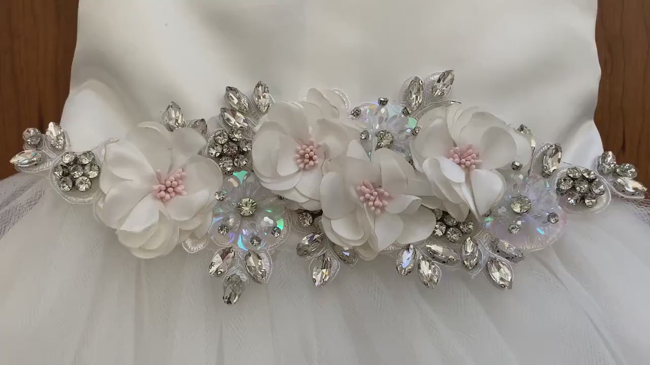 USA Made | Floral and Rhinestone Satin and Tulle Flower Girl Dress | Size 6M - Teen | Grace dress video