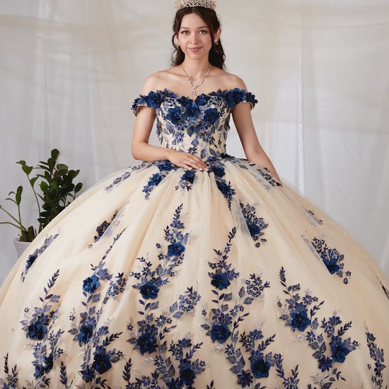 Video of Champagne Quinceañera Dress with Two Tone Design, Navy 3D Floral Bodice