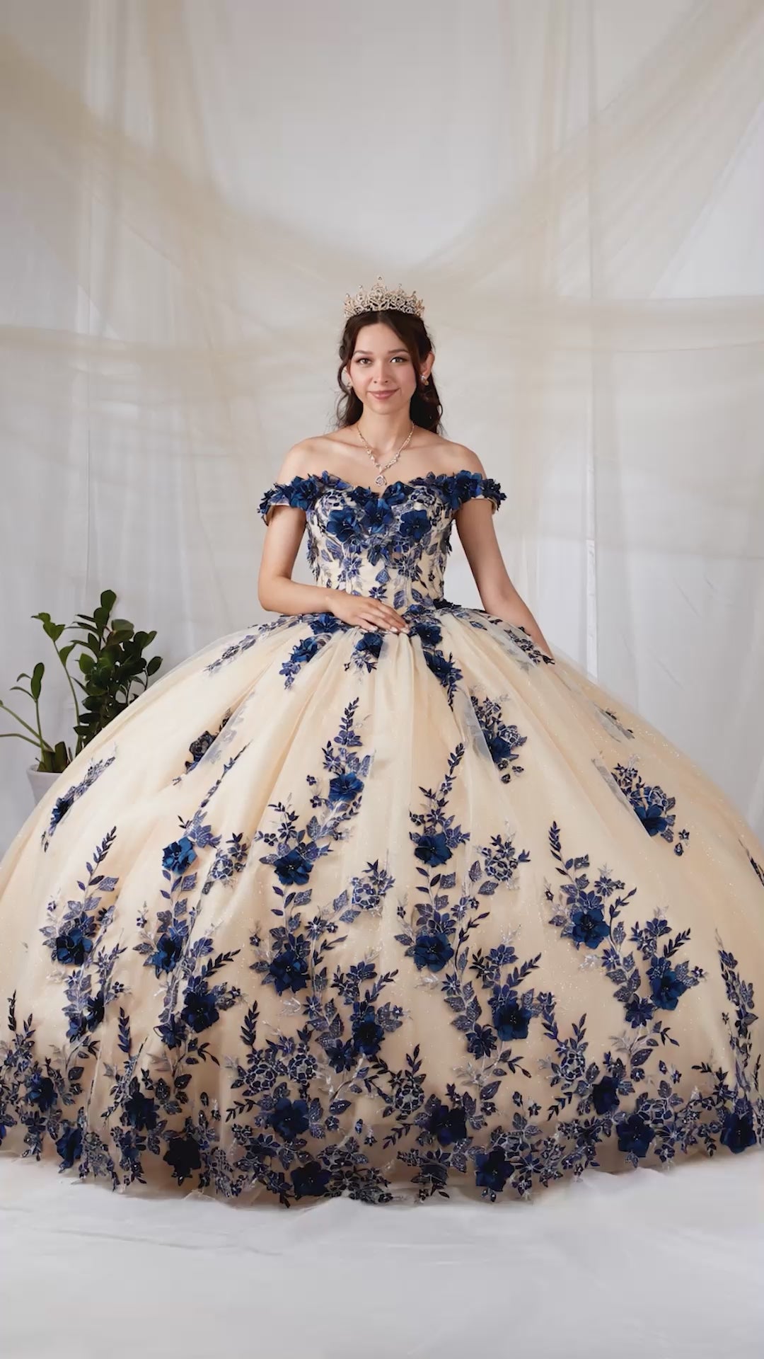 Video of Champagne Quinceañera Dress with Two Tone Design, Navy 3D Floral Bodice