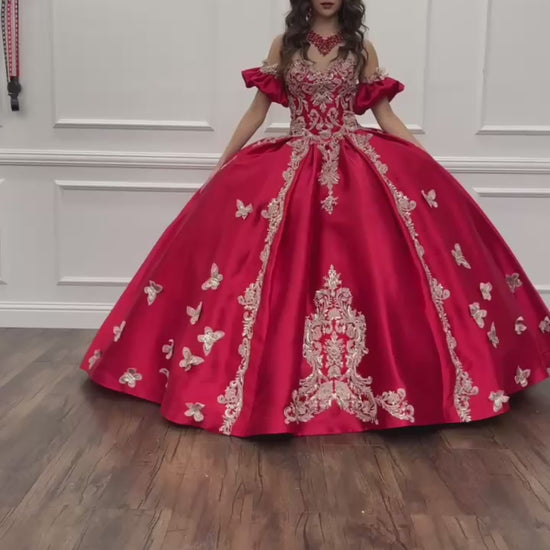 Quinceañera | Red Gold Butterfly Accented Quince dress with Removable Pouf Arm Cuffs | Amalia dress video