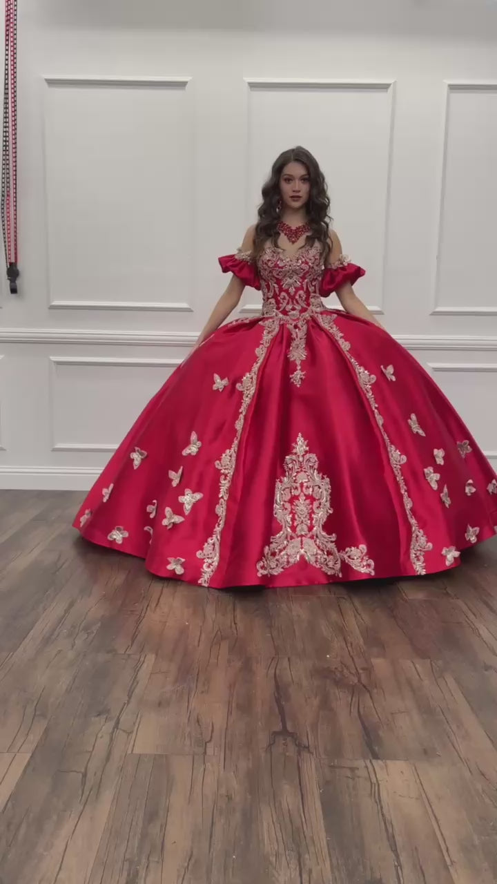 Quinceañera | Red Gold Butterfly Accented Quince dress with Removable Pouf Arm Cuffs | Amalia dress video