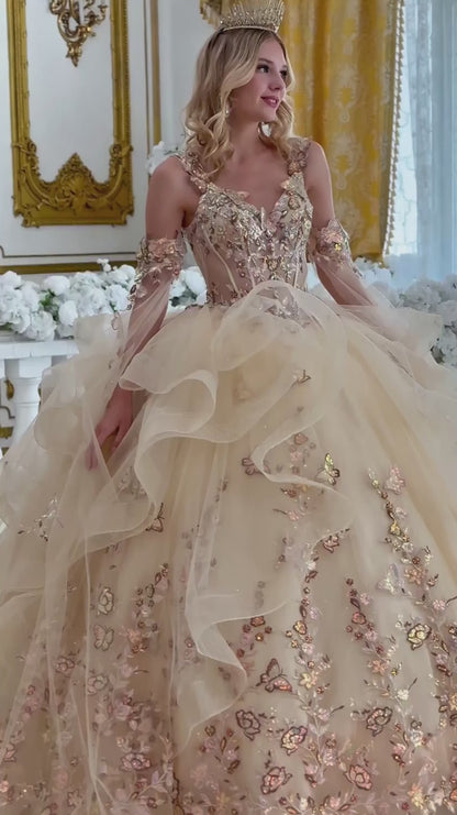 Quinceañera Champagne Sheer V-Neck Ball Gown with 3D Butterfly Appliqués, Beads, and Cape Sleeves | Eleonora dress