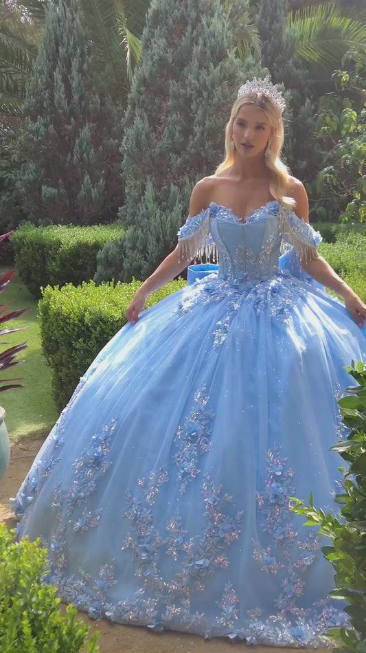 Quinceañera | Blue Ball Gown with Chandelier Jewels, 3D Flowers, and Detachable Bow | Cala dress Video