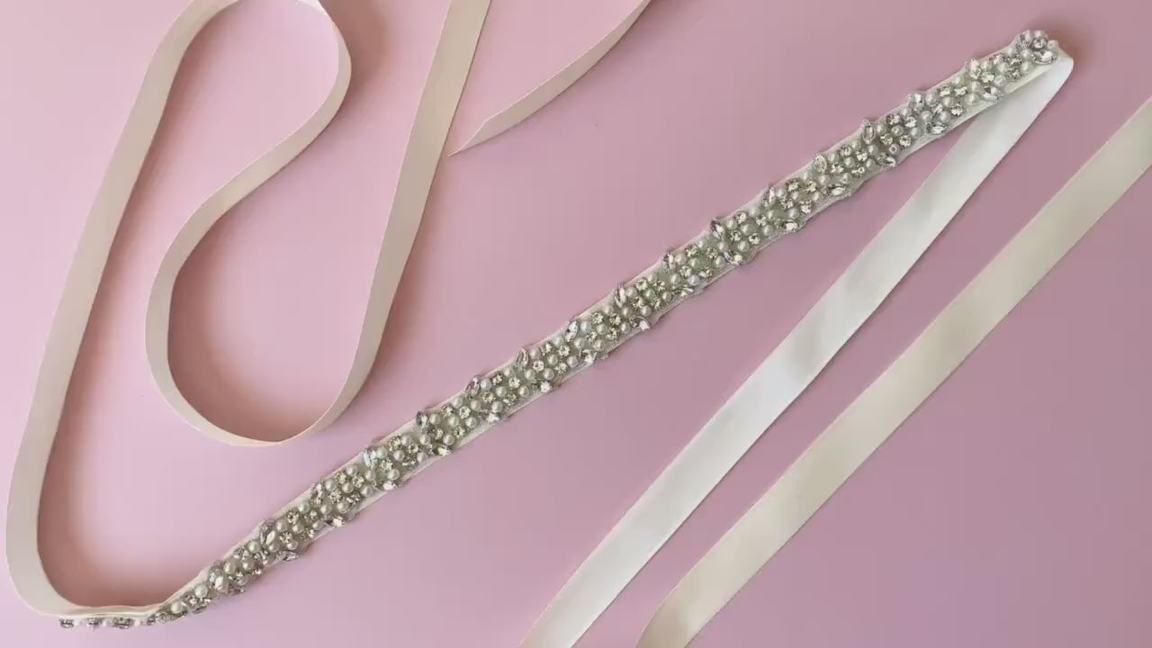 Handmade Beautiful Pearl and Rhinestone Sash Belt | Flower Girl Crystal Pearl Sash - video of pearl sash