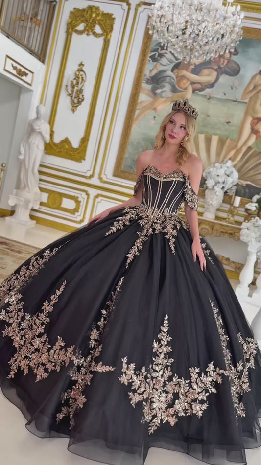 Black Ball Gown with 3D Floral Appliques, Bejeweled Bodice and Detachable Bow