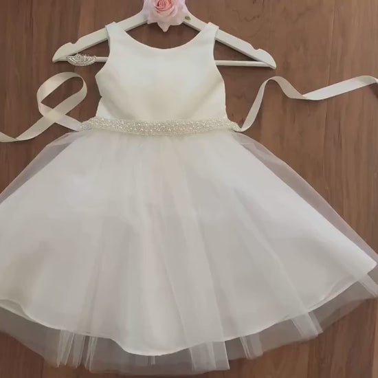 USA Made | Classic Satin and Tulle Flower Girl Dress with detachable Pearl and Satin Sash belt | Size 6M - Teen | Hannah dress video