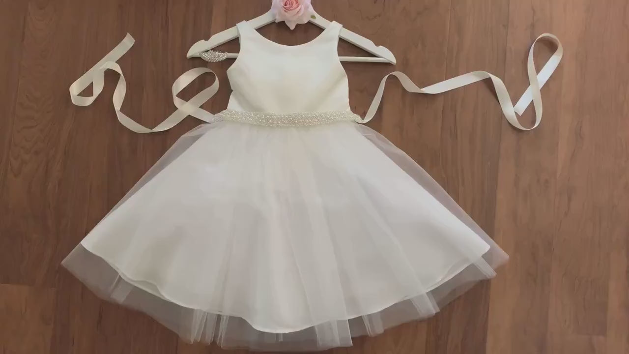 USA Made | Classic Satin and Tulle Flower Girl Dress with detachable Pearl and Satin Sash belt | Size 6M - Teen | Hannah dress video