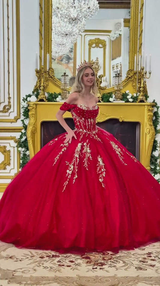 Quinceañera | Red Ball Gown with Pleated Off-Shoulder Straps, and Glitter Details | Evelisse dress video