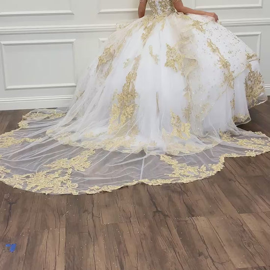 Quinceañera | Ivory/Gold Off Shoulder Epaulets Sleeve with Detachable Cathedral Tulle Train Quince Ball Gown | Esmeralda dress VIDEO