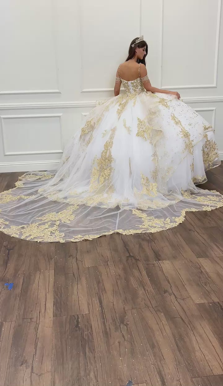 Quinceañera | Ivory/Gold Off Shoulder Epaulets Sleeve with Detachable Cathedral Tulle Train Quince Ball Gown | Esmeralda dress VIDEO