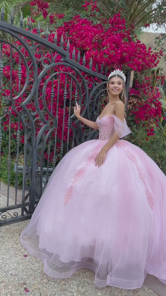Quinceañera | Baby Pink Sweetheart Ball Gown with Sheer Bodice and Lace Embellished Glitter Mesh Skirt | Citlali dress Video