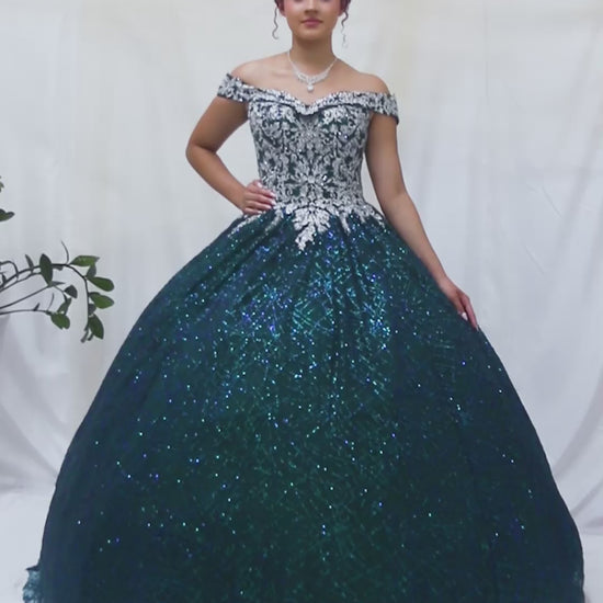 Video of Emerald Green Quinceañera Dress with Glitter Sequins, Sparkling Bodice and Layered Elegant Tulle Skirt