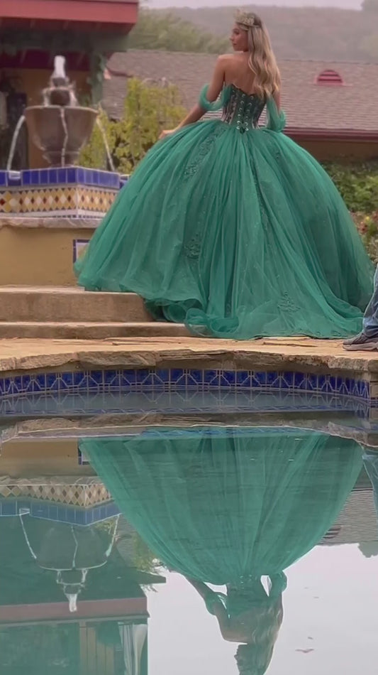 Quinceañera | Hunter Green Sweetheart Ball Gown with Sheer Bodice and Lace Embellished Glitter Mesh Skirt | Citlali dress Video