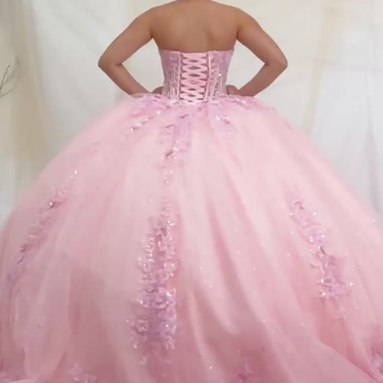 Video of Pink Quinceañera Ball Gown with Beaded Bodice, Floral Appliques and Glitter Tulle Skirt