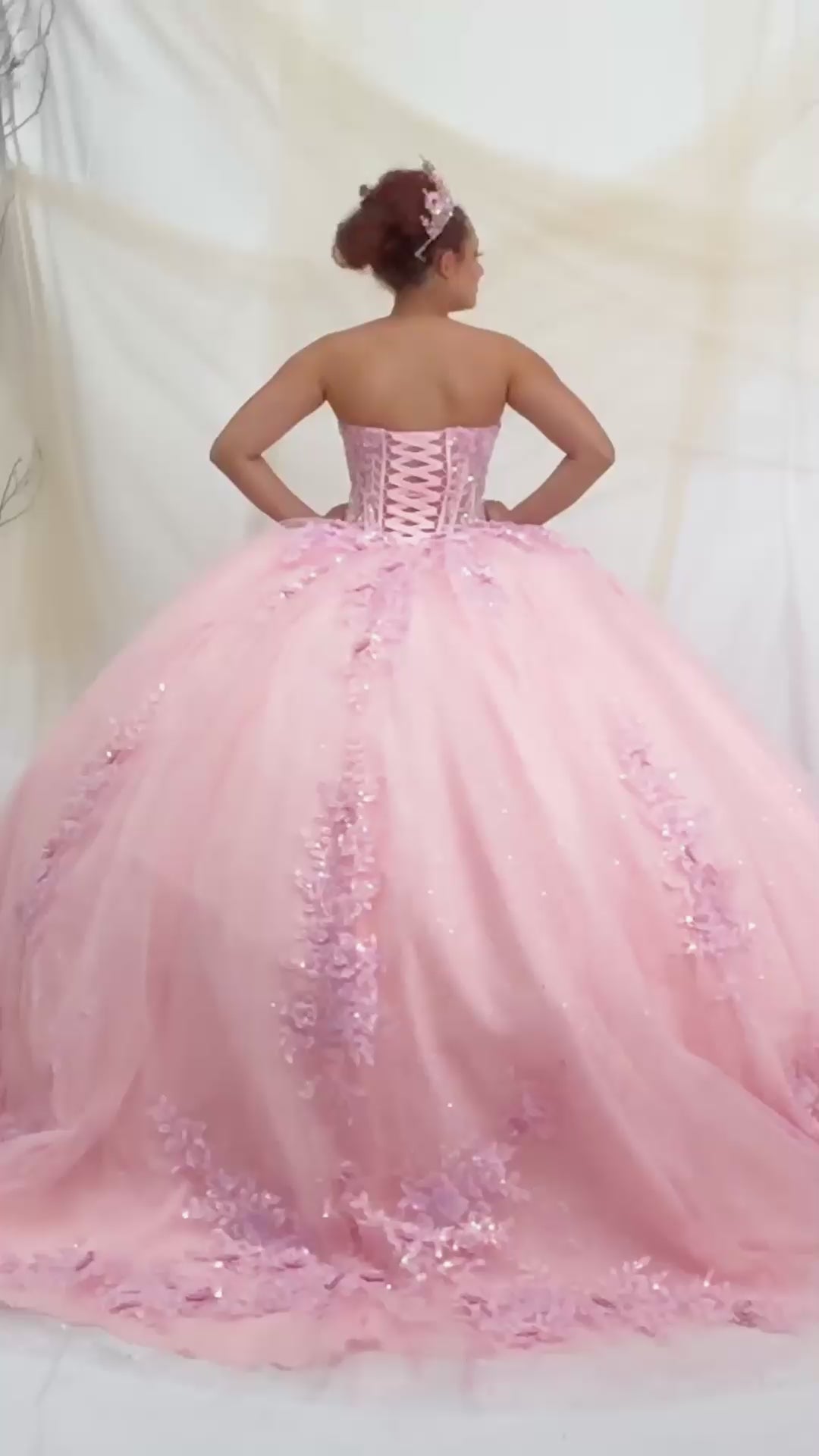 Video of Pink Quinceañera Ball Gown with Beaded Bodice, Floral Appliques and Glitter Tulle Skirt