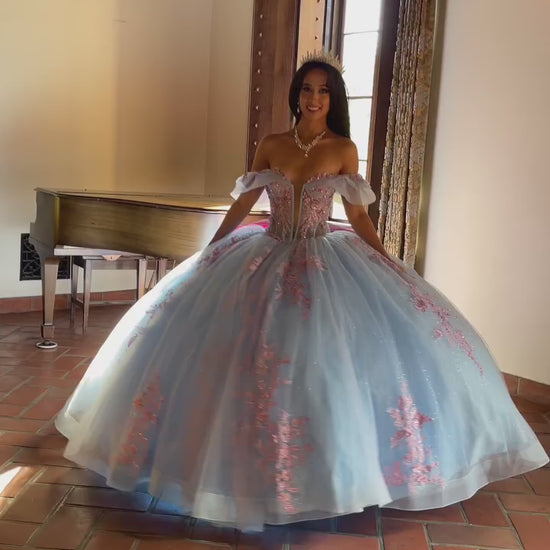 Quinceanera | Blue Pink See-through 3D Flowers, Embroidery, Bead bodice and Glitter Tulle Ballgown | Fernanda dress | 2 Colors Available VIDEO 