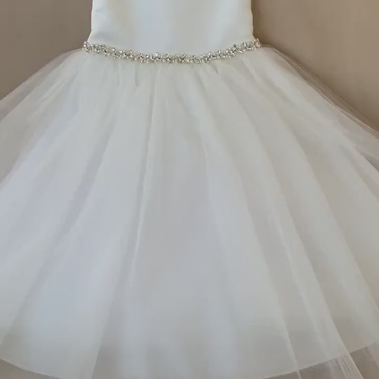 USA Made | Pearl and Rhinestone Light Ivory Flower Girl Dress | Classic Satin and Tulle Flower Girl Dress | Size 6M - Teen - video of dress