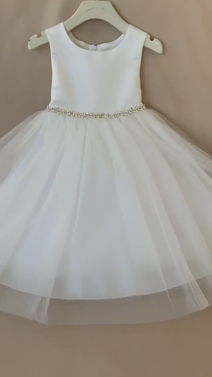 USA Made | Pearl and Rhinestone Light Ivory Flower Girl Dress | Classic Satin and Tulle Flower Girl Dress | Size 6M - Teen - video of dress