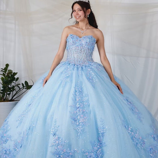 Video of Light Blue Quinceañera Dress with Beaded Bodice, Floral Appliques and Glitter Tulle Skirt