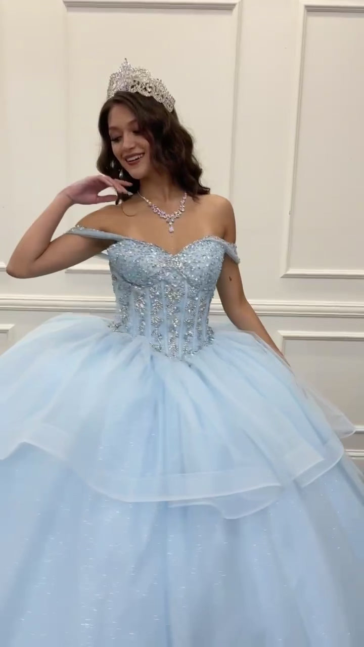 Quinceañera | Blue Glittering Tulle Layers, Off-shoulder Bodice adornments, and a detachable bow | 3 Colors Available | Andrea dress VIDEO