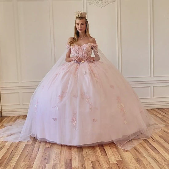 Quinceañera | Blush Off-Shoulder Embossed Tulle Satin Two-Tone Sequin Floral Appliqué Bodice with Detachable Long Sleeves Train Sweet 15 Ball Gown | Roma J dress | 3 Colors Available video