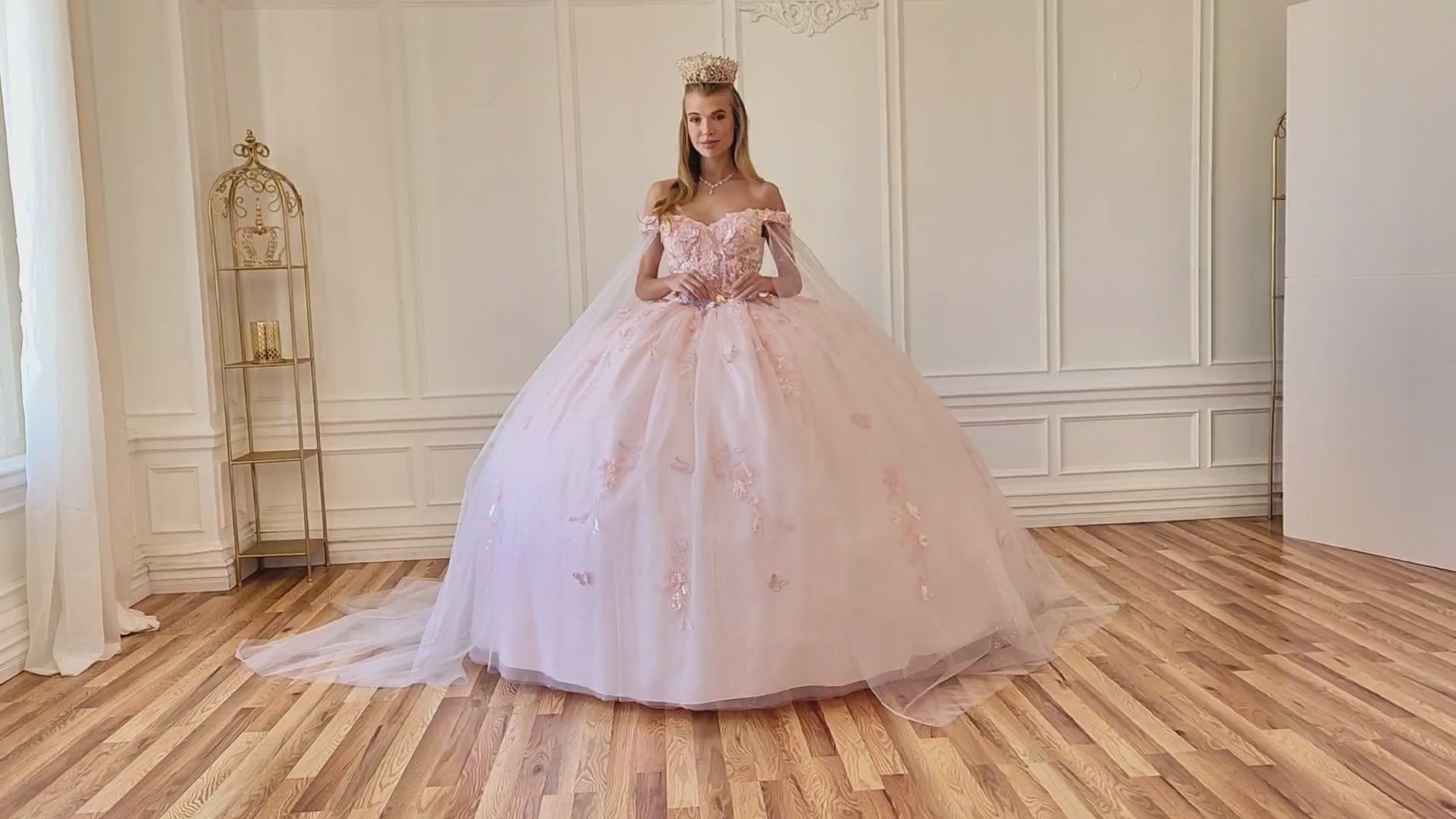 Quinceañera | Blush Off-Shoulder Embossed Tulle Satin Two-Tone Sequin Floral Appliqué Bodice with Detachable Long Sleeves Train Sweet 15 Ball Gown | Roma J dress | 3 Colors Available video