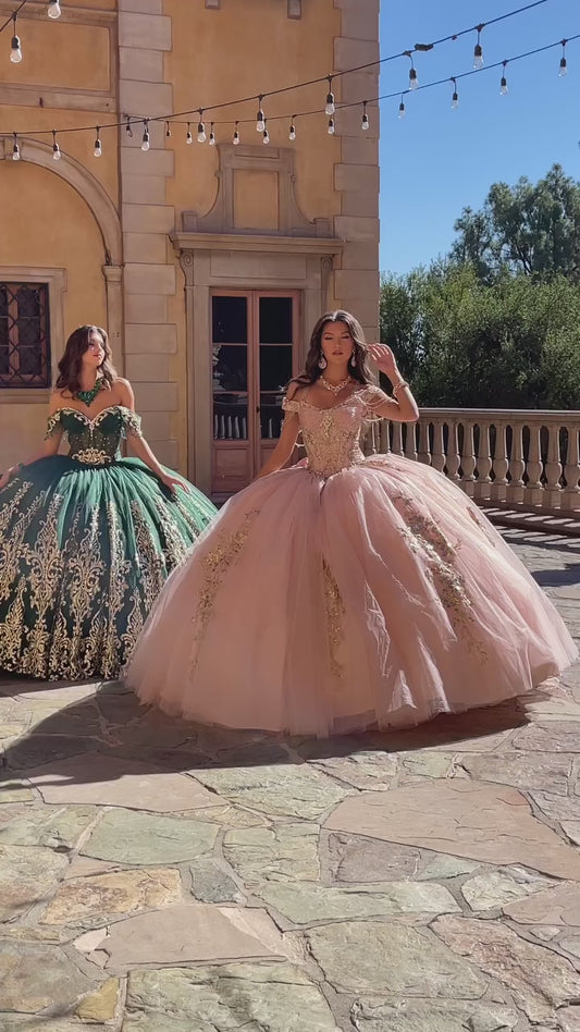 Video: two girls wearing quincenera dress; one with the huntergreen silver off shoulder dress and the other one is wearing a blush dress with gold embroidery