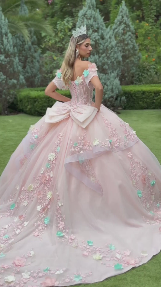 Quinceañera | Blush Ball Gown with 3D Flower Appliques and Detachable Bow | Faustina dress Video