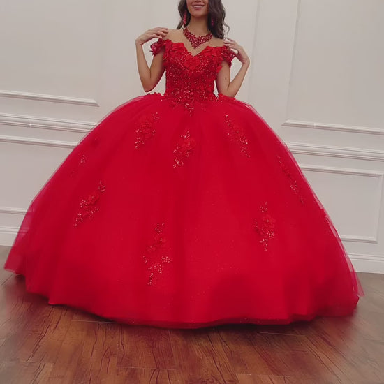 Quinceanera | Red Long Train Off-Shoulder Sequin 3D Flower and Butterflies bodice with Sparkle Tulle Quince Dress | Amaya Dress | 2 Colors Available video