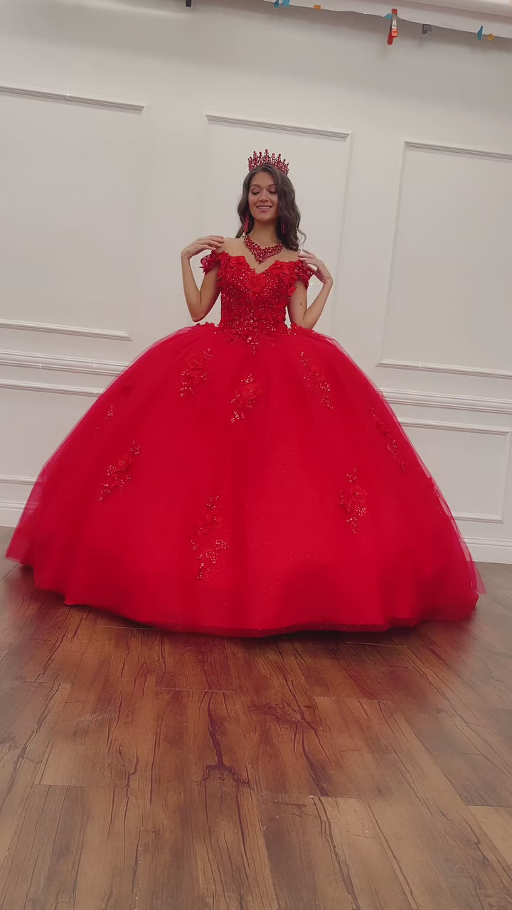 Quinceanera | Red Long Train Off-Shoulder Sequin 3D Flower and Butterflies bodice with Sparkle Tulle Quince Dress | Amaya Dress | 2 Colors Available video